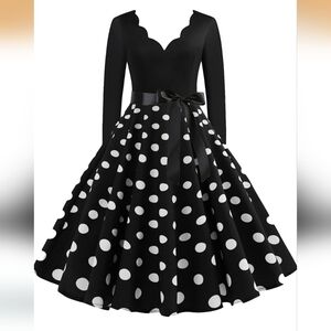 Women's Hepburn Polka Dots Dress Long Sleeve Knee-Length Dress Cocktail 3XL